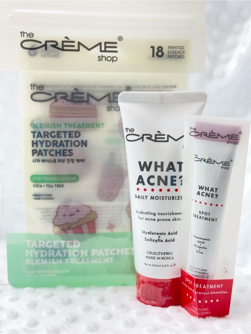 The Creme Shop What Acne? Bundle- Blemish/hydration patches, Moisturizer, & Spot